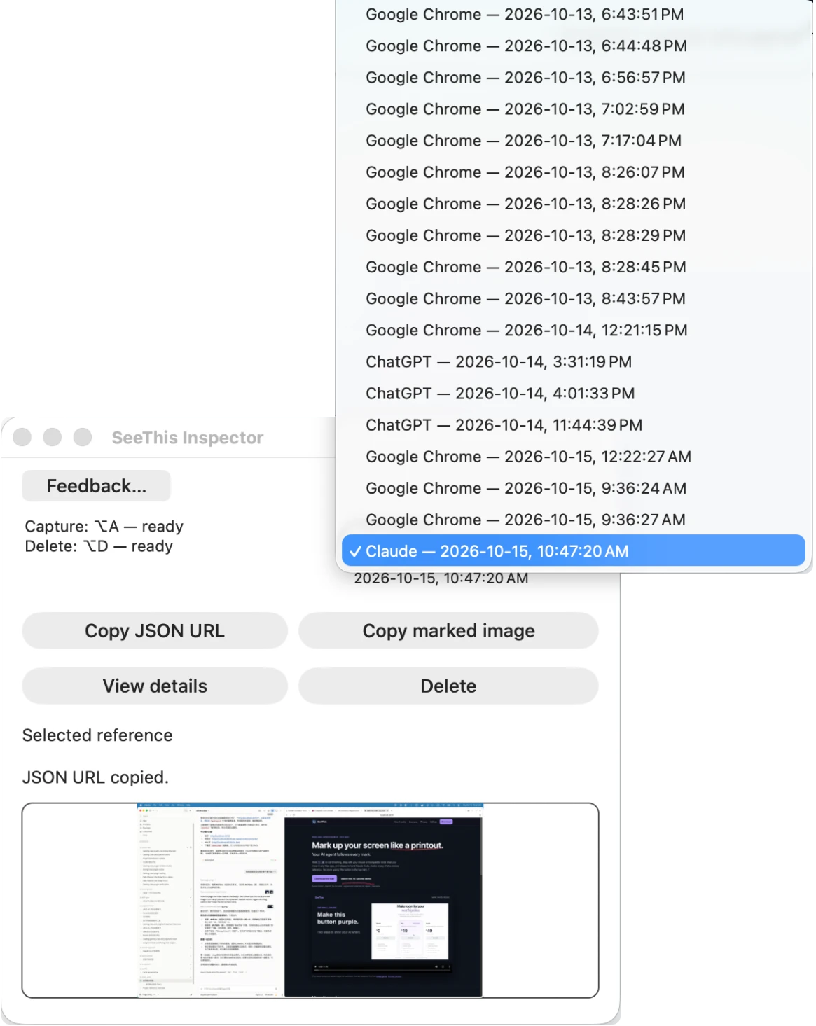 SeeThis Inspector with its reference list open: entries such as Google Chrome, ChatGPT and Claude, each with a date and time, plus Copy JSON URL, Copy marked image, View details and Delete buttons.
